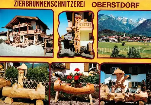 AK / Ansichtskarte Oberstdorf Zierbrunnenschnitzerei Handwerk Gesamtansicht mit Alpenpanorama Kat. Oberstdorf