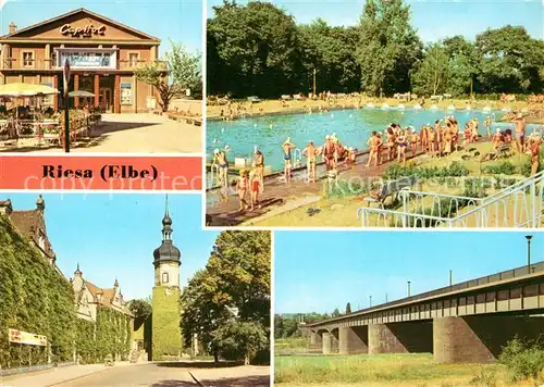 AK / Ansichtskarte Riesa Sachsen Filmtheater Capitol Freibad Rathaus Neue Elbbruecke Kat. Riesa