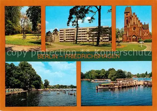 AK / Ansichtskarte Friedrichshagen Berlin Mueggelpark Werlseestrasse Christophorus Kirche Seebad Anlegestelle Weisse Flotte Kat. Berlin