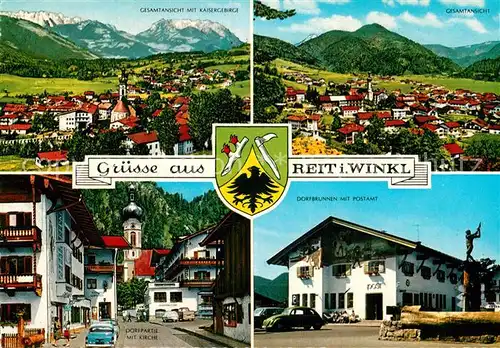 AK / Ansichtskarte Reit Winkl Gesamtansicht mit Kaisergebirge Panorama Dorfmotiv mit Kirche Dorfbrunnen mit Postamt Kat. Reit im Winkl