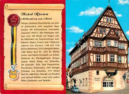 AK / Ansichtskarte Miltenberg Main Hotel Riesen aeltestes Gasthaus Deutschlands Fachwerkhaus Historisches Gebaeude Chronik Kat. Miltenberg