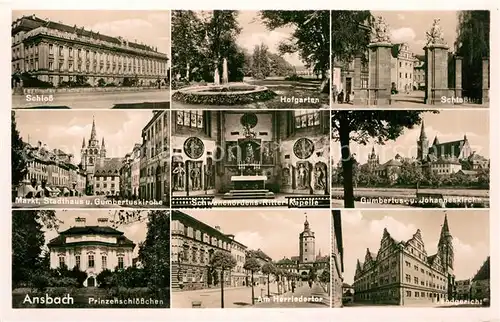 AK / Ansichtskarte Ansbach Mittelfranken Schloss Hofgarten Markt Stadthaus Gumbertuskirche  Kat. Ansbach