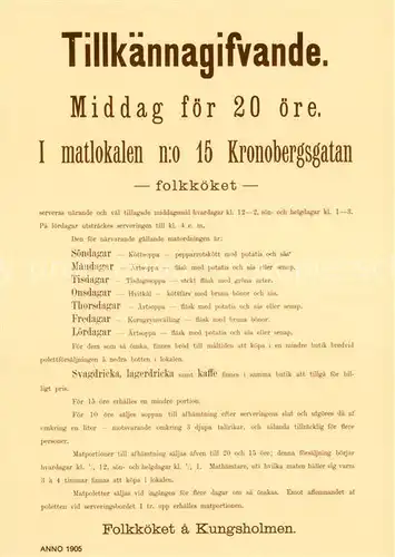 AK / Ansichtskarte Stockholm Tillkaennagifvande Folkkoeket & Kungsholmen 1905 Speisekarte Repro Kat. Stockholm