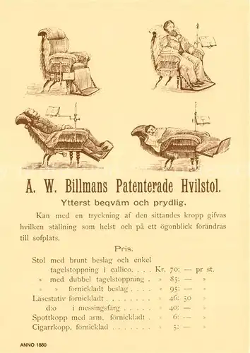 AK / Ansichtskarte Stockholm A W Billmanns Patenterade Hvilstol Preisliste 1880 Karikaturen Repro Kat. Stockholm