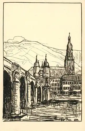 AK / Ansichtskarte Heidelberg Neckar Federskizze Alte Bruecke und Heiliggeistkirche Kat. Heidelberg