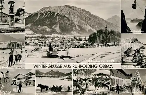 AK / Ansichtskarte Ruhpolding Dorfplatz Skilift Kurhaus Rauschbergbahn Schlittenfahrt Wildfuetterung Rauschberghaus Kat. Ruhpolding