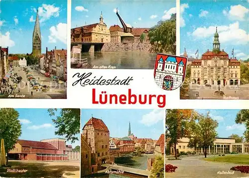 AK / Ansichtskarte Lueneburg Am Sande Kirche Alter Kran Rathaus Hallenbad Abtsmuehle Stadttheater Kat. Lueneburg