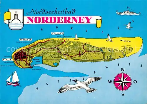AK / Ansichtskarte Norderney Nordseebad Nordseeinsel Landkarte Wattenmeer Kompass Moewen Kat. Norderney