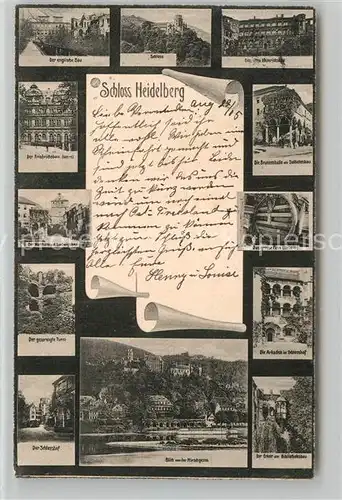 AK / Ansichtskarte Heidelberg Neckar Englischer Bau Schloss Friedrichsbau Wartturm Schlosshof Otto Heinrichsbau Brunnenhalle Grosses Fass Arkaden im Schlosshof Erker am Bibliotheksbau Blick von der Hirschgasse Kat. Heidelberg