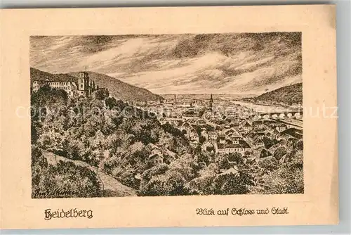 AK / Ansichtskarte Heidelberg Neckar Blick auf Schloss und Stadt Federzeichnung Kat. Heidelberg