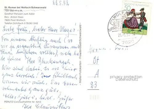 AK / Ansichtskarte Wolfach St Roman Gasthof Pension zum Adler Gastraum Kat. Wolfach Schwarzwald