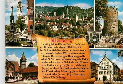 AK / Ansichtskarte Ravensburg Wuerttemberg Blaserturm Teilansicht Rutenfet Gruener Turm Lederhaus Kat. Ravensburg