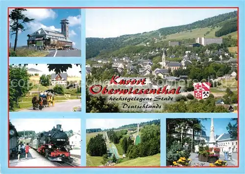 AK / Ansichtskarte Oberwiesenthal Erzgebirge Lokomotive Ski Sprungschanze Postkutsche Kat. Oberwiesenthal