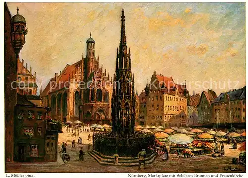 AK / Ansichtskarte Nuernberg Marktplatz Schoener Brunnen Frauenkirche nach Originalgemaelde von Ludwig Moessler Kat. Nuernberg