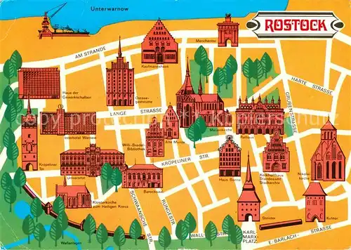 AK / Ansichtskarte Rostock Mecklenburg Vorpommern Stadtplan mit Sehenswuerdigkeiten der Stadt Kat. Rostock