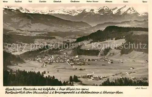 AK / Ansichtskarte Oberstaufen mit Kalzhofen Dreilaenderblick Weissachtal Bregenzerwald Liechtensteiner Alpen Schweizer Alpen Kat. Oberstaufen