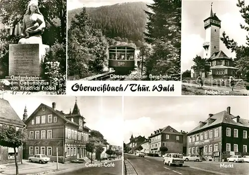 AK / Ansichtskarte Oberweissbach Bergbahn Froebelturm Markt Central Cafe Gedenkstein am Geburtshaus von Friedrich Froebel Kat. Oberweissbach