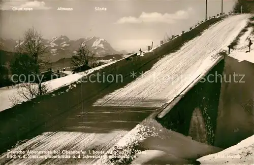 AK / Ansichtskarte Oberstaufen Deutsche Alpenstrasse Stiessbergtobelbruecke Schweizer Alpsteingebirge Kat. Oberstaufen