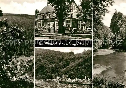 AK / Ansichtskarte Treseburg Harz Gaststaette Restaurant Terrasse Freibad Landschaftspanorama Partie am Fluss Kat. Treseburg