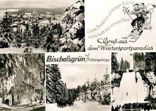 AK / Ansichtskarte Bischofsgruen Winterpanorama Winterzauber im Wald Pferdeschlitten Skisprungschanze Karikatur Kat. Bischofsgruen