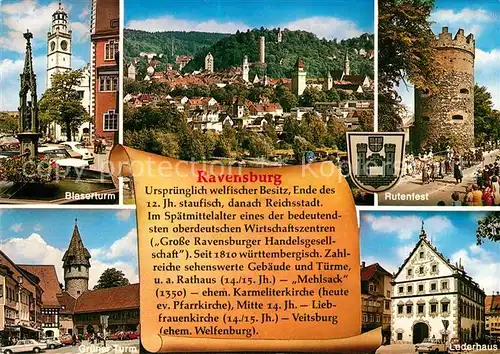 AK / Ansichtskarte Ravensburg Wuerttemberg Blaserturm Rutenfest Lederhaus Gruener Turm Historische Gebaeude Stadtpanorama mit Tueren Chronik Kat. Ravensburg