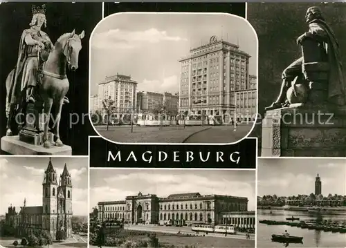 AK / Ansichtskarte Magdeburg Reiter Wilhelm Pieck Allee Otto von Guericke Denkmal Dom Hauptbahnhof Adolf Mittag See Kat. Magdeburg