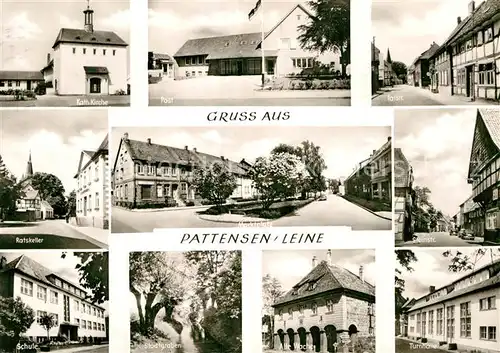 AK / Ansichtskarte Pattensen Hannover Kath Kirche Post Talstr Ratskeller Marktplatz Schule Steinstr Stadtgraben Alte Wache Turnhalle Kat. Pattensen