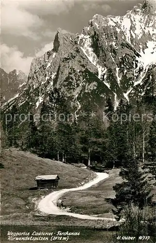 AK / Ansichtskarte Lautersee Mittenwald Wegpartie Lautersee Ferchensee Karwendelspitzen Karwendelgebirge Huber Karte Nr 10737 Kat. Mittenwald