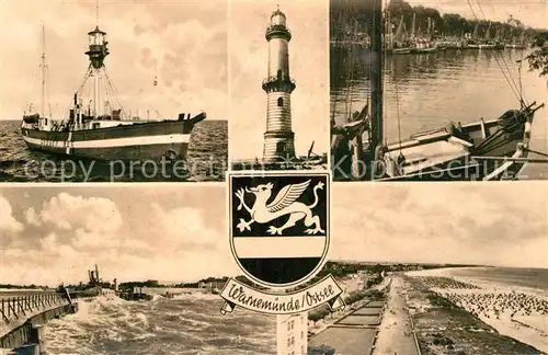 AK / Ansichtskarte Warnemuende Ostseebad Fischkutter Brandung Mole Leuchtturm Strand Promenade Wappen Kat. Rostock