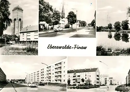AK / Ansichtskarte Finow Eberswalde Wasserturm Strassenpartie Ringstrasse Plattenbauten Wohnblocks Teich Kat. Eberswalde Finow