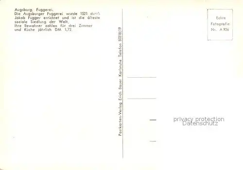 AK / Ansichtskarte Augsburg Fuggerei Wohnsiedlung aelteste soziale Siedlung der Welt Kat. Augsburg