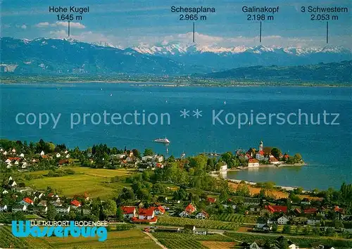 AK / Ansichtskarte Wasserburg Bodensee Fliegeraufnahme Partie am See mit Alpen Kat. Wasserburg (Bodensee)