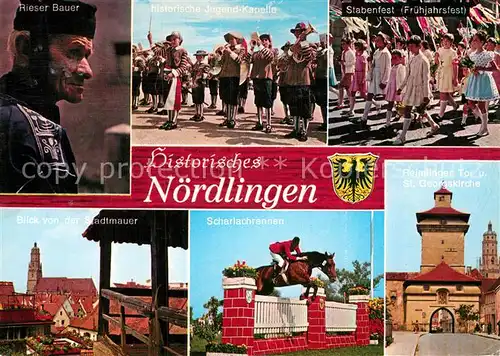 AK / Ansichtskarte Noerdlingen Rieser Bauer Historische Jugendkapelle Stabenfest Fruehjahrsfest Stadtmauer Altstadt Scharlachrennen Pferdesport Reimlinger Tor St Georgskirche Kat. Noerdlingen