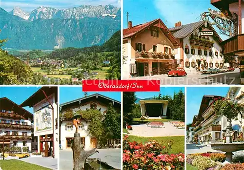 AK / Ansichtskarte Oberaudorf Gesamtansicht mit Alpenpanorama Ortsmotive Fassadenmalerei Brunnen Konzertpavillon Kat. Oberaudorf