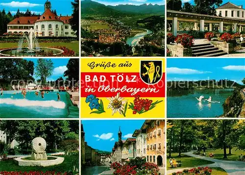 AK / Ansichtskarte Bad Toelz Kurhaus Landschaftspanorama Alpen Freibad Brunnen Kurpark Innenstadt Kat. Bad Toelz