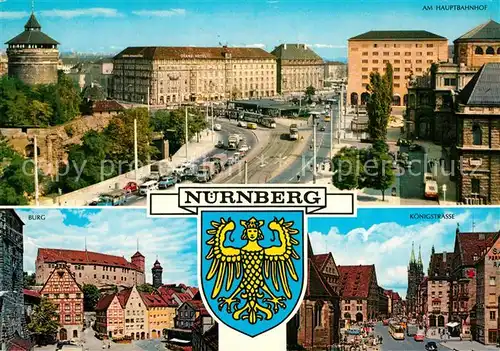 AK / Ansichtskarte Nuernberg Partie am Hauptbahnhof Burg Koenigstrasse Wappen Kat. Nuernberg