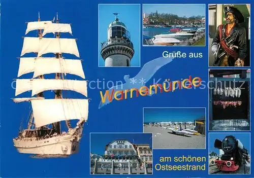 AK / Ansichtskarte Warnemuende Ostseebad Segelschiff Leuchtturm Strand Hotel Dampflokomotive Fischraeucherei Hafen Kat. Rostock