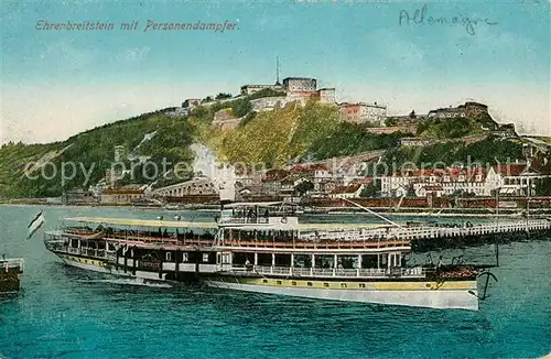 AK / Ansichtskarte Koblenz Rhein Festung Ehrenbreitstein mit Personendampfer Kat. Koblenz