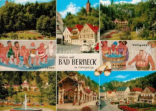 AK / Ansichtskarte Bad Berneck Kurpark Kurhaus Kuranwendungen Karikaturen Haeuserpartie Burg Kat. Bad Berneck Fichtelgebirge