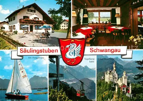 AK / Ansichtskarte Schwangau Saeulingstuben Restaurant Terrasse Segelboot Forggensee Tegelbergbahn Schloss Neuschwanstein Wappen Kat. Schwangau