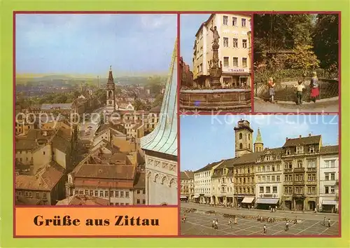 AK / Ansichtskarte Zittau Blick vom Turm der Johanniskirche Rolandbrunnen Schleifermaennelbrunnen Platz der Jugend Kat. Zittau
