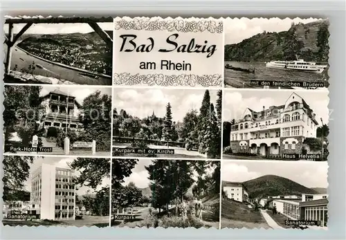 AK / Ansichtskarte Salzig Bad Park Hotel Trost Haus Helvetia Kurpark Evangelische Kirche Sanatorium Kat. Boppard