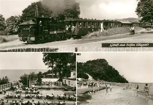 AK / Ansichtskarte Sellin Ruegen Kleinbahn Dampflokomotive Insel Ruegen Freilichtbuehne Fischerstrand Kat. Sellin Ostseebad