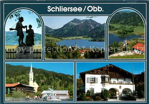 AK / Ansichtskarte Schliersee Landschaftspanorama Alpen Denkmal Ortsmotiv mit Kirche Rathaus Kat. Schliersee