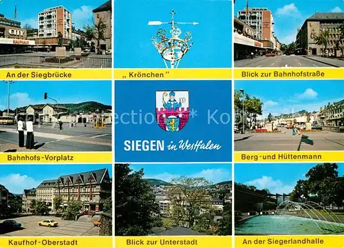 AK / Ansichtskarte Siegen Westfalen Siegbruecke Bahnhofsvorplatz Kaufhof Kroenchen Unterstadt Bahnhofstrasse Berg  und Huettenmann Siegerlandhalle Kat. Siegen