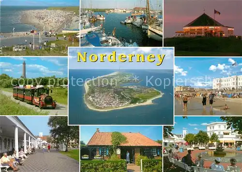 AK / Ansichtskarte Norderney Nordseebad Strand Hafen Cafe Restaurant Touristenbahn Platz Nordseeinsel Fliegeraufnahme Kat. Norderney