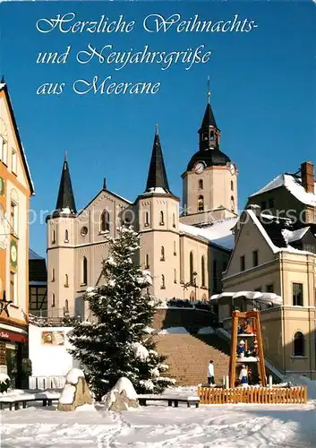 AK / Ansichtskarte Meerane Pyramide Kirche im Winter Weihnachtskarte Neujahrskarte Kat. Meerane