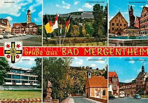 AK / Ansichtskarte Bad Mergentheim Marktplatz Klinik Milchlingsbrunnen Deutschordensschloss Wolfgangskapelle Kurhaus Wappen Kat. Bad Mergentheim