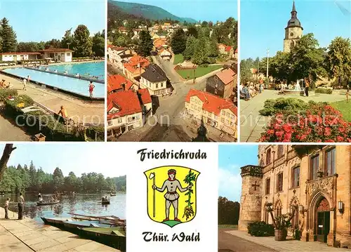 AK / Ansichtskarte Friedrichroda Schwimmbad Blick vom Kirchturm Platz der Jungen Pioniere Gondelteich Schloss Reinhardsbrunn Wappen Kat. Friedrichroda