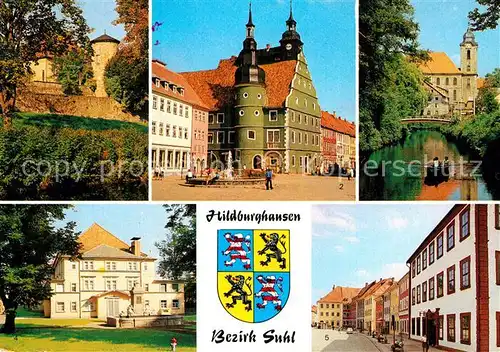 AK / Ansichtskarte Hildburghausen Stadtmauer Rathaus Friedenspark Stadttheater Marx Engels Platz Kat. Hildburghausen